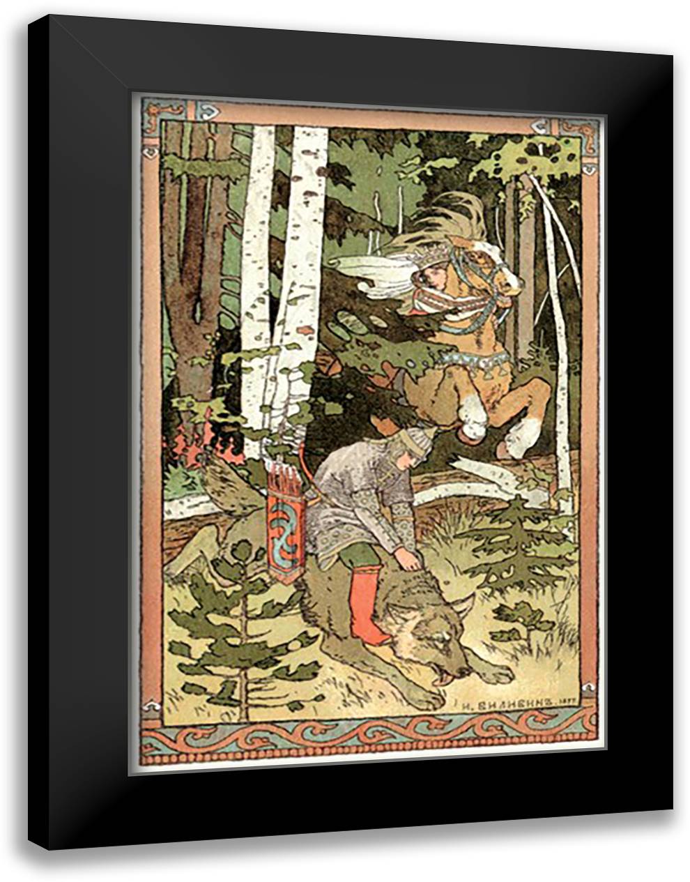 Riding the Wolf 16x22 Black Modern Wood Framed Art Print Poster by Bilibin, Ivan