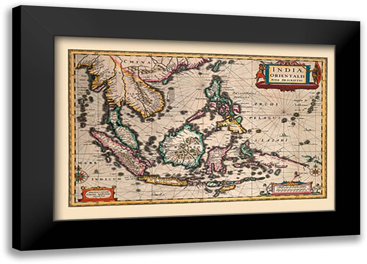 Indiae Orientalis Nova Descriptio 22x16 Black Modern Wood Framed Art Print Poster by Jansson, Jan