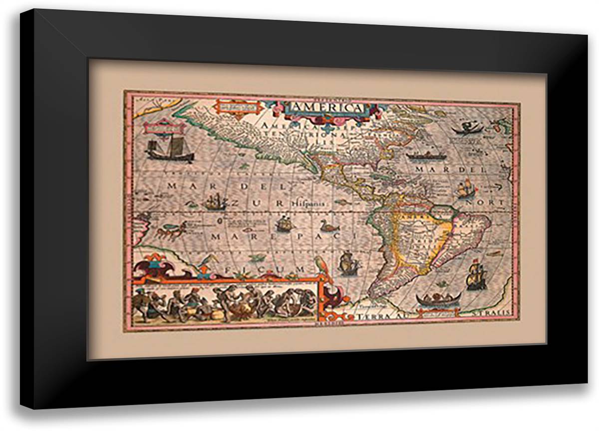 America 22x16 Black Modern Wood Framed Art Print Poster by Hondius, Jodocus