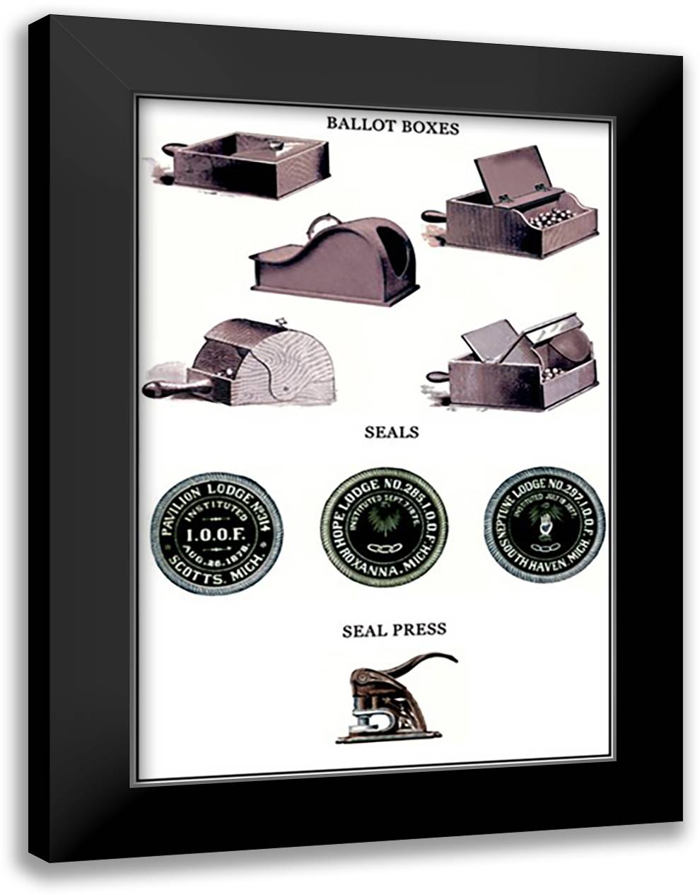 Odd Fellows: Ballot Boxes, Seals, Seal Press 16x22 Black Modern Wood Framed Art Print Poster