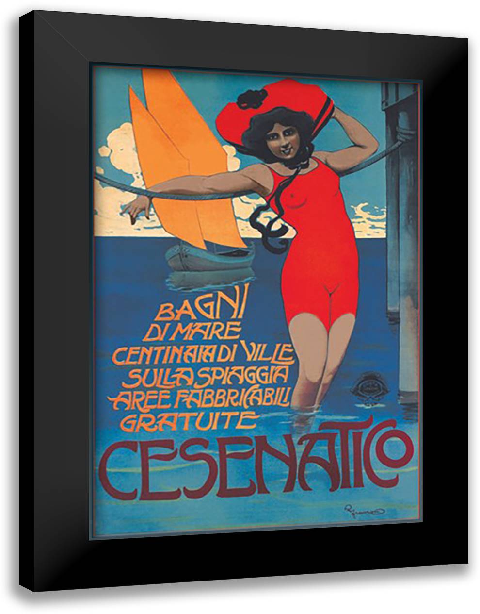 Cesenatico (Woman in Red) 16x22 Black Modern Wood Framed Art Print Poster by Franzoni, Roberto