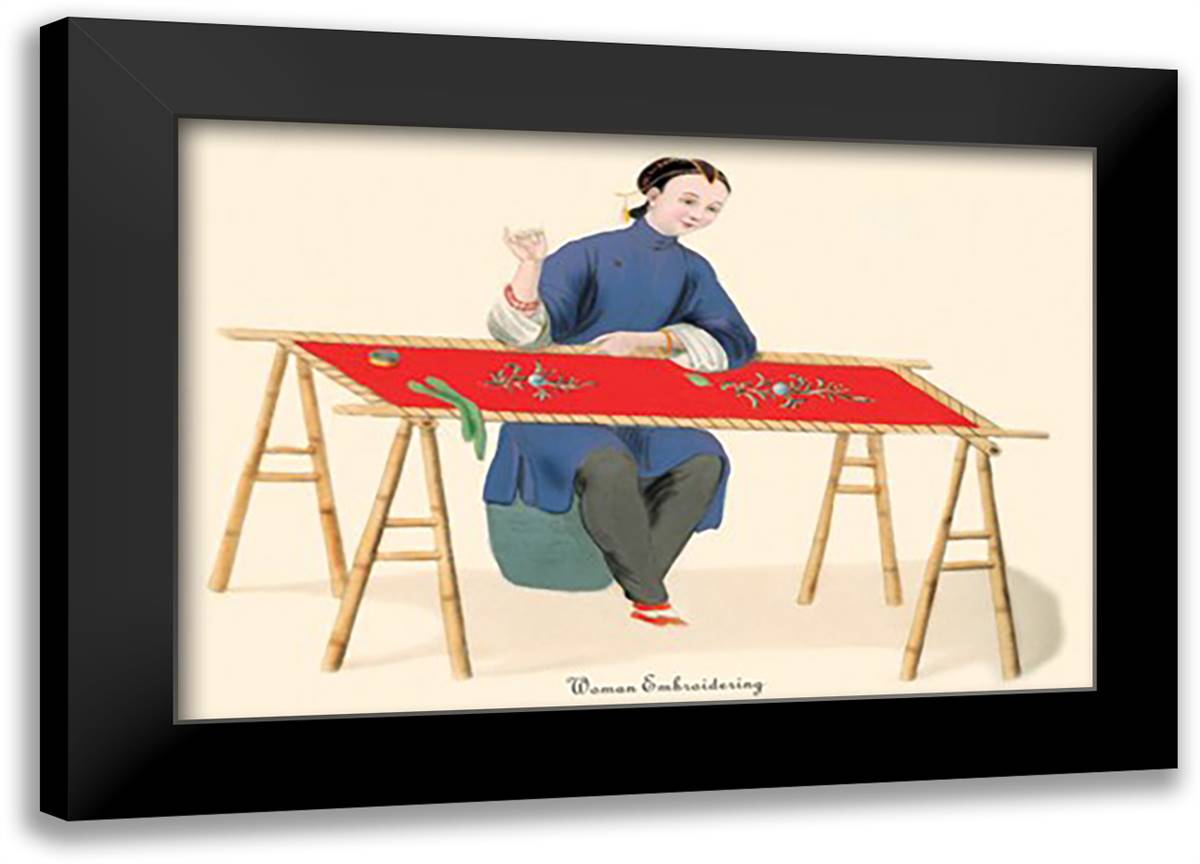 Woman Embroidering 22x16 Black Modern Wood Framed Art Print Poster by Malon, George Henry