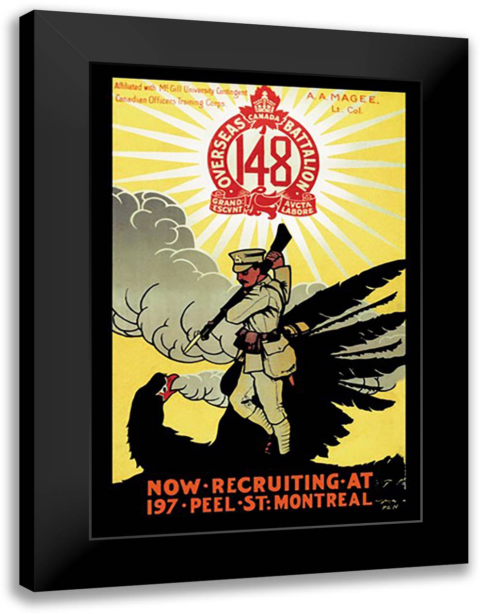 Canada Overseas Battalion: Now Recruiting at 197 Peel Street, Montreal 16x22 Black Modern Wood Framed Art Print Poster by House, O.M.