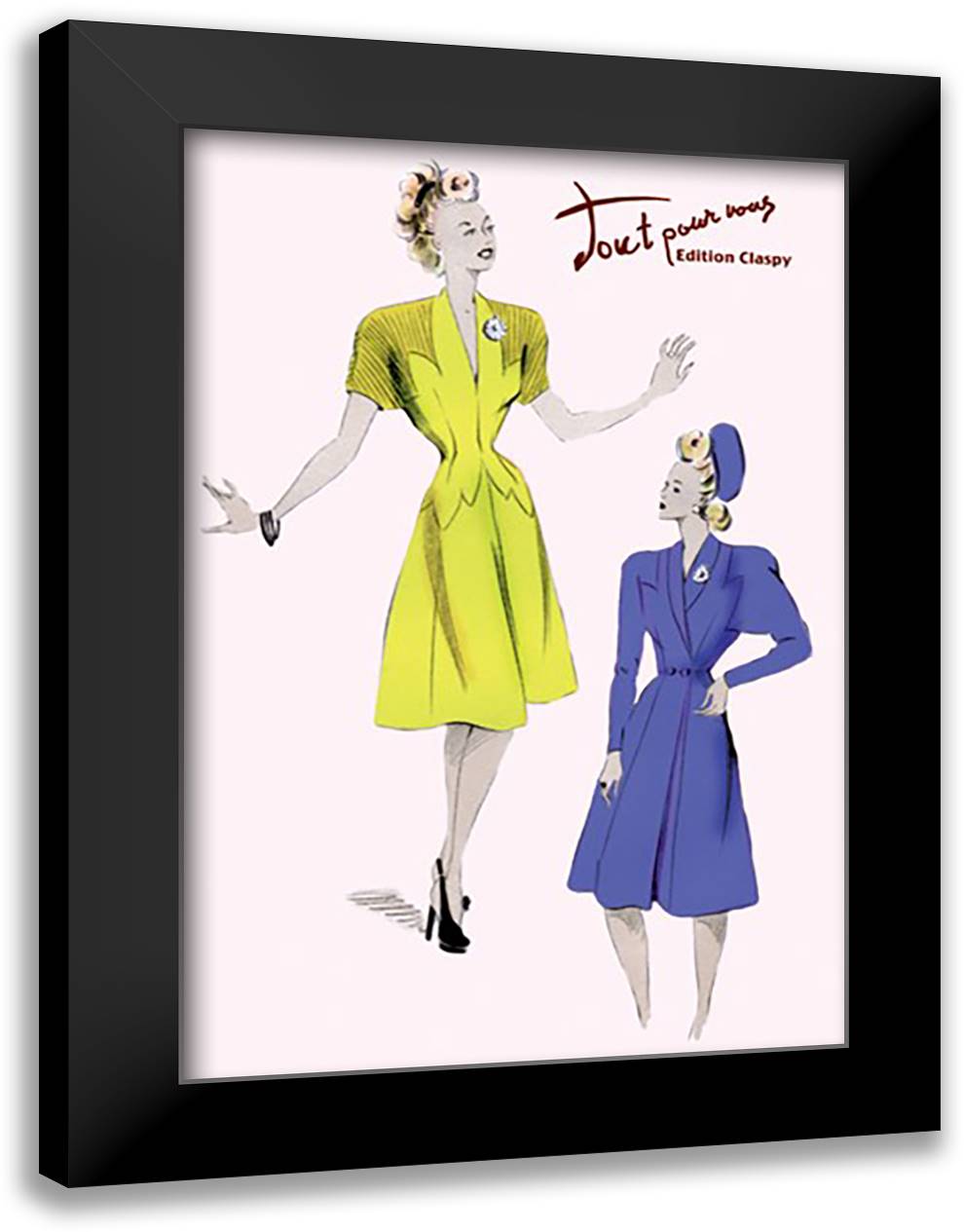 Knee-Length Dresses in Blue and Yellow 16x22 Black Modern Wood Framed Art Print Poster