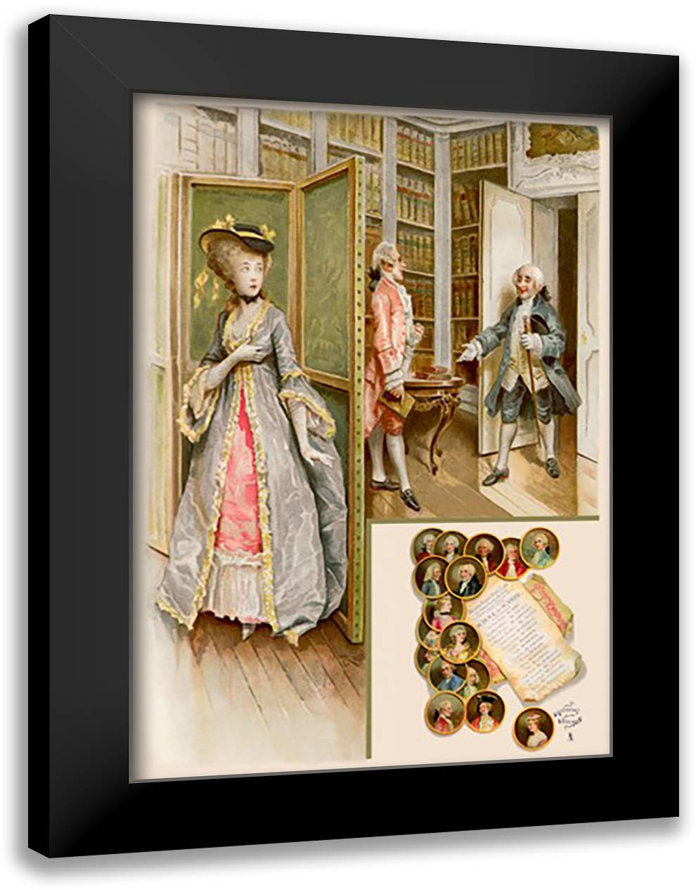 School For Scandal: Library Scene 16x22 Black Modern Wood Framed Art Print Poster by Rossi, Lucius