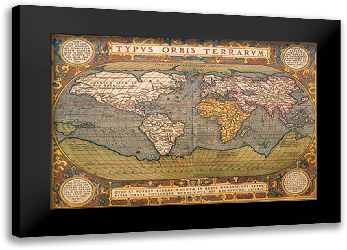 World Map 22x16 Black Modern Wood Framed Art Print Poster by Ortelius, Abraham