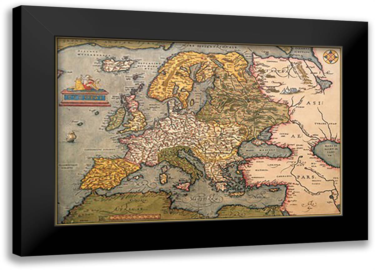 Map of Europe 22x16 Black Modern Wood Framed Art Print Poster by Ortelius, Abraham