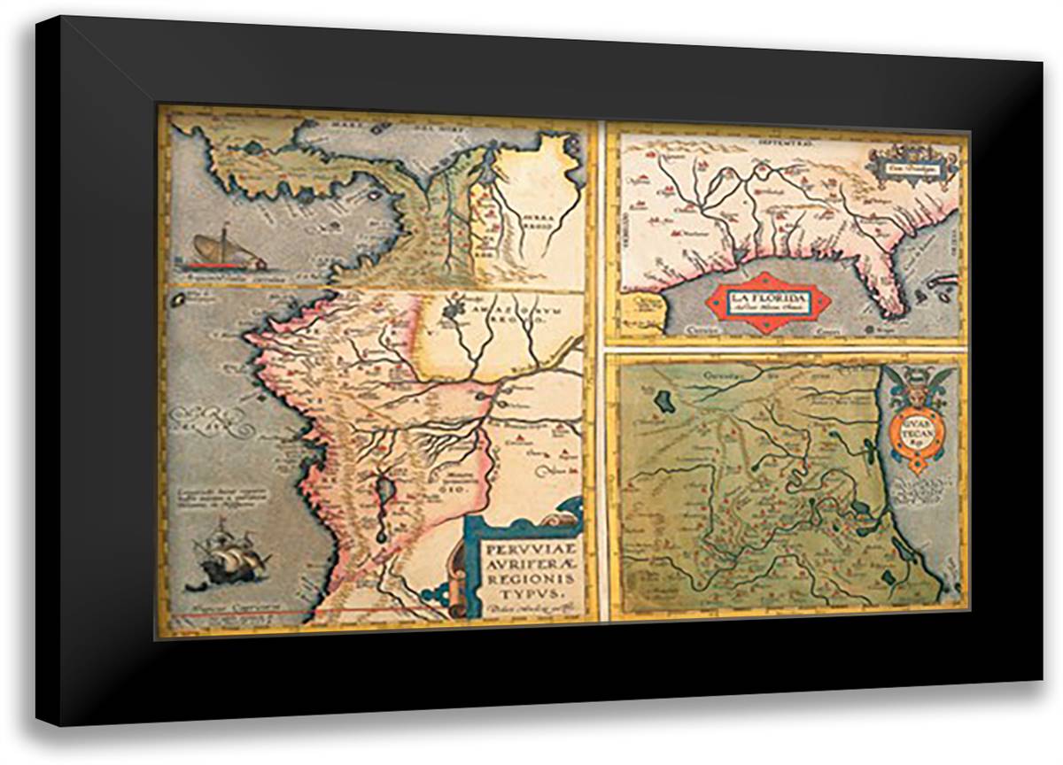 Three Maps 22x16 Black Modern Wood Framed Art Print Poster by Ortelius, Abraham