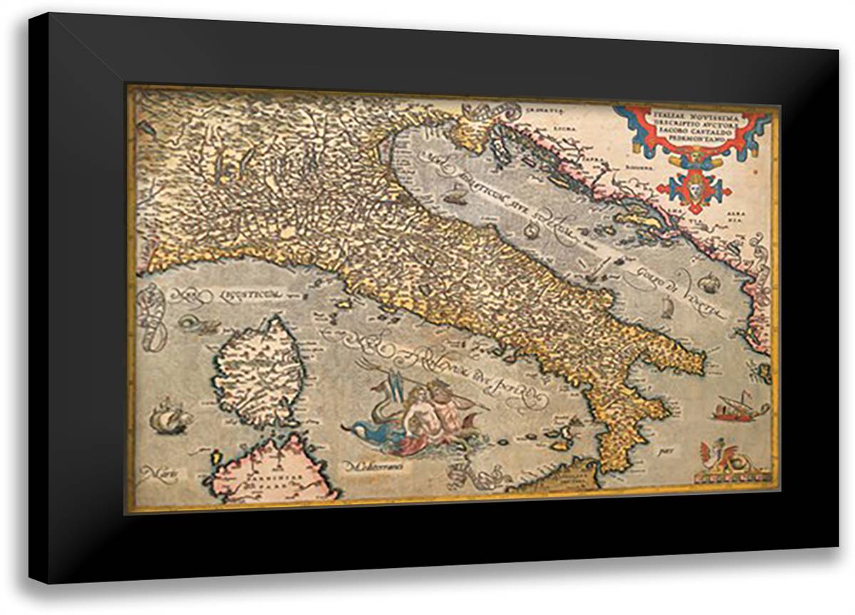 Map of Italy 22x16 Black Modern Wood Framed Art Print Poster by Ortelius, Abraham