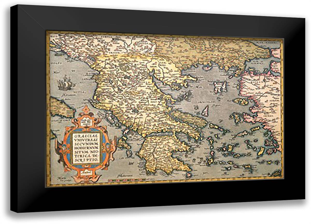 Map of Greece 22x16 Black Modern Wood Framed Art Print Poster by Ortelius, Abraham