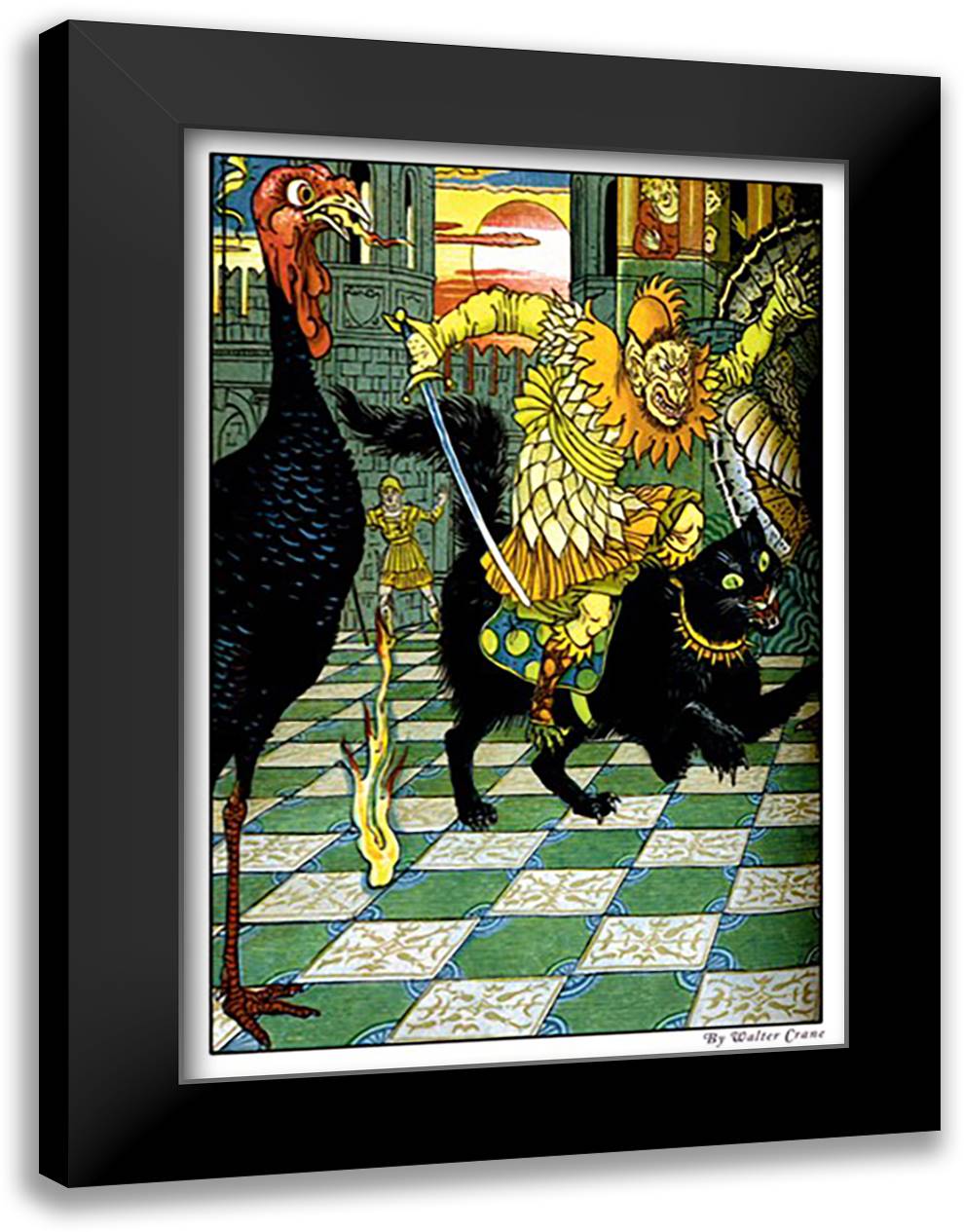 Yellow Dwarf Rides A Cat 16x22 Black Modern Wood Framed Art Print Poster by Crane, Walter