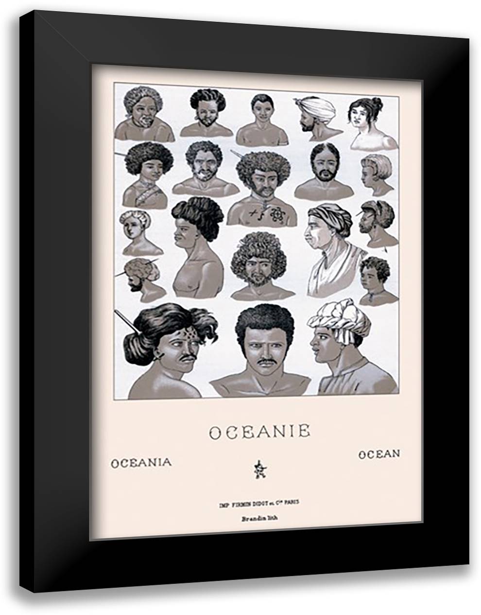 Headdresses and Hairstyles of Oceania 16x22 Black Modern Wood Framed Art Print Poster by Racinet, Auguste