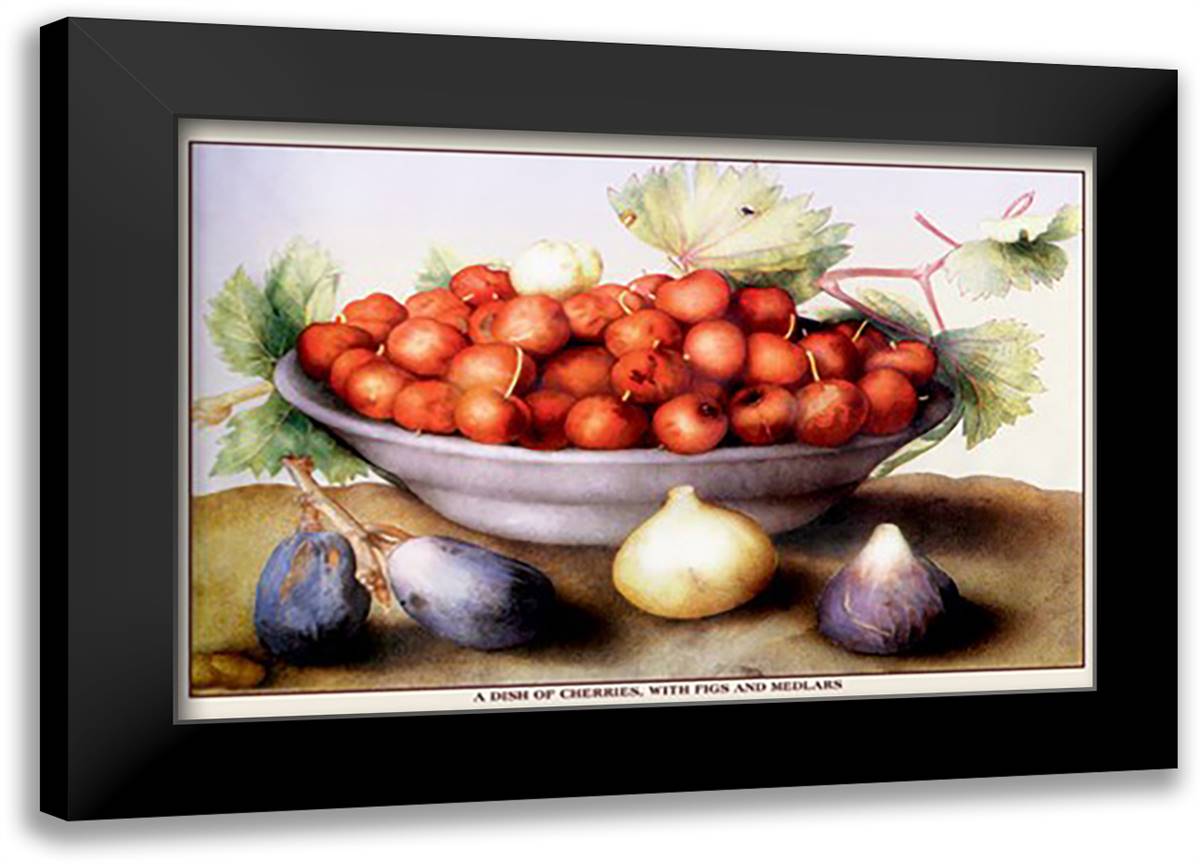Dish of Cherries with Figs and Medlars 22x16 Black Modern Wood Framed Art Print Poster by Garzoni, Giovanni