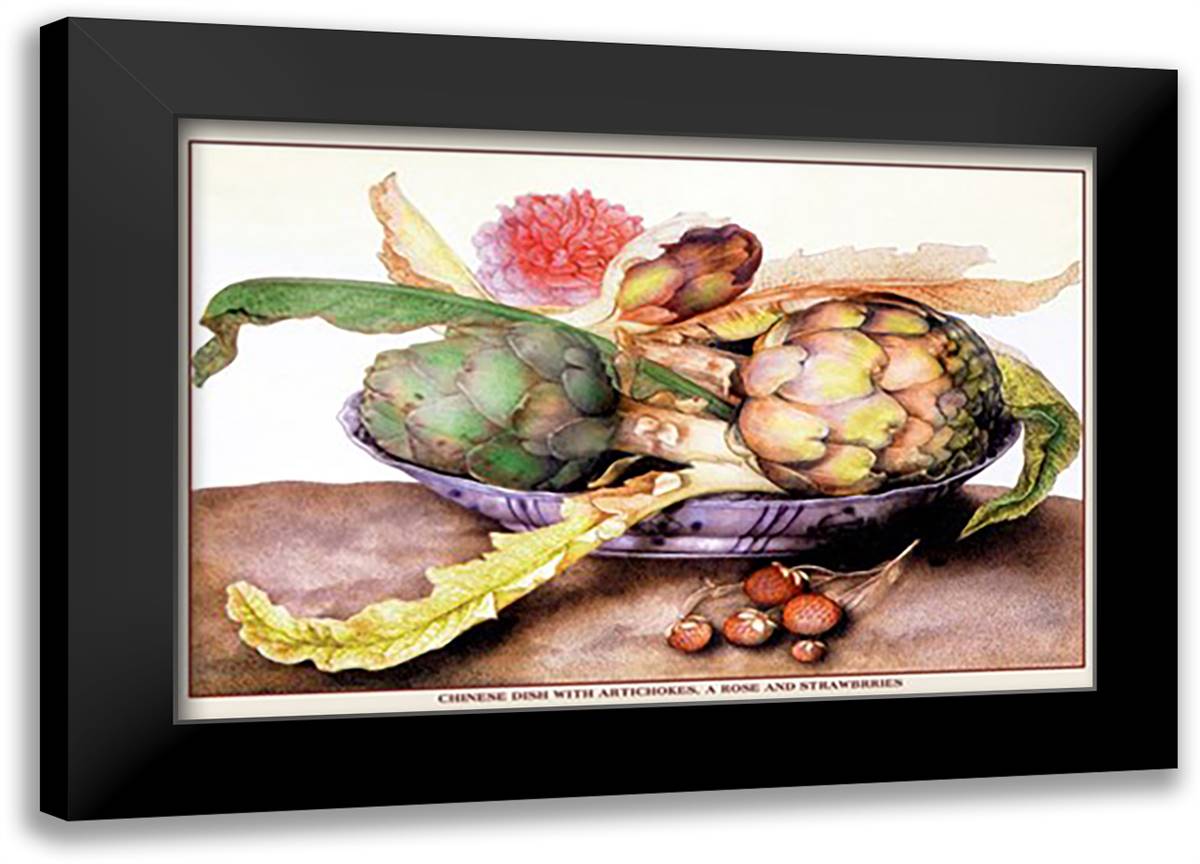 Chinese Dish With Artichokes, a Rose and Strawberries 22x16 Black Modern Wood Framed Art Print Poster by Garzoni, Giovanni