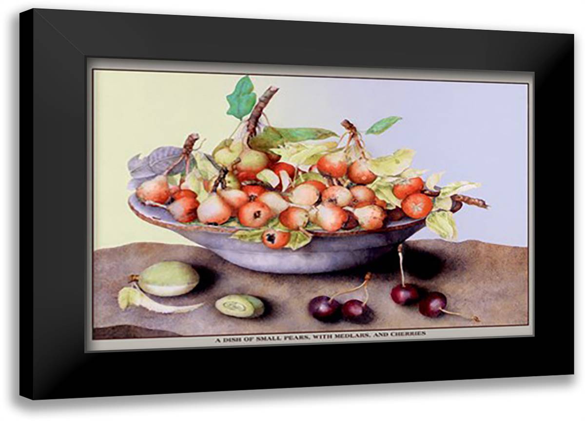 Dish of Small Pears With Medlars and Cherries 22x16 Black Modern Wood Framed Art Print Poster by Garzoni, Giovanni
