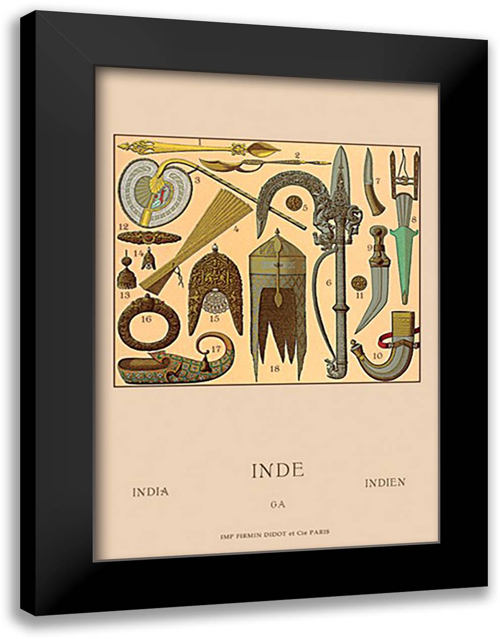 Indian Cultural Objects 16x22 Black Modern Wood Framed Art Print Poster by Racinet, Auguste