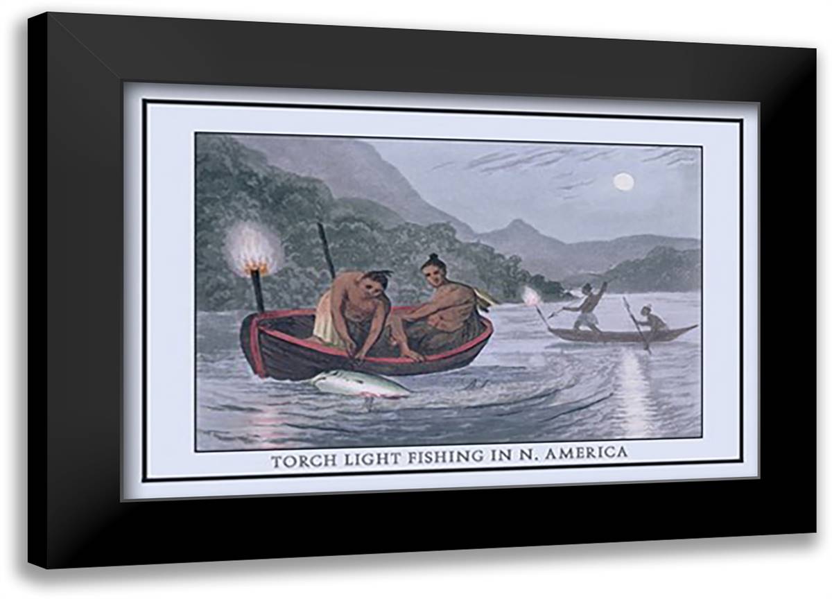 Torch Light Fishing In North America 22x16 Black Modern Wood Framed Art Print Poster by Clark, J. H.