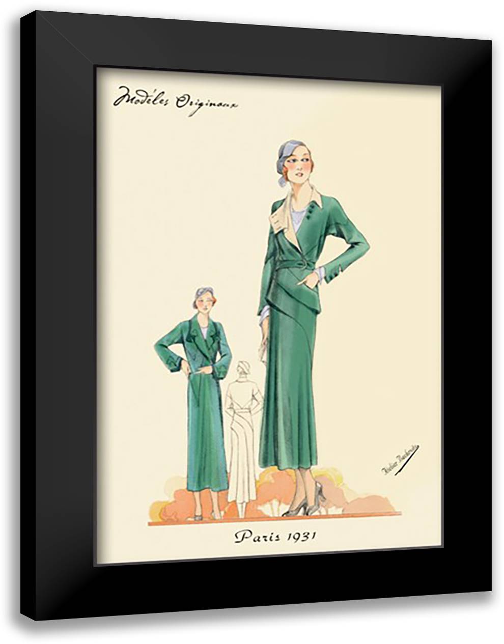 Green Dress and Overcoat 16x22 Black Modern Wood Framed Art Print Poster by Bachrvitz, Atelier