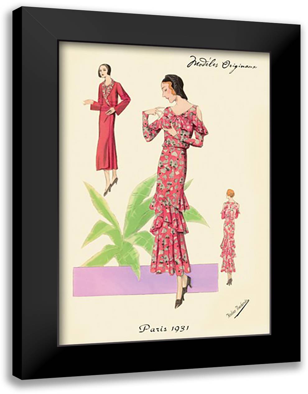 Party Dress with Ruffles and Flowers 16x22 Black Modern Wood Framed Art Print Poster by Bachrvitz, Atelier