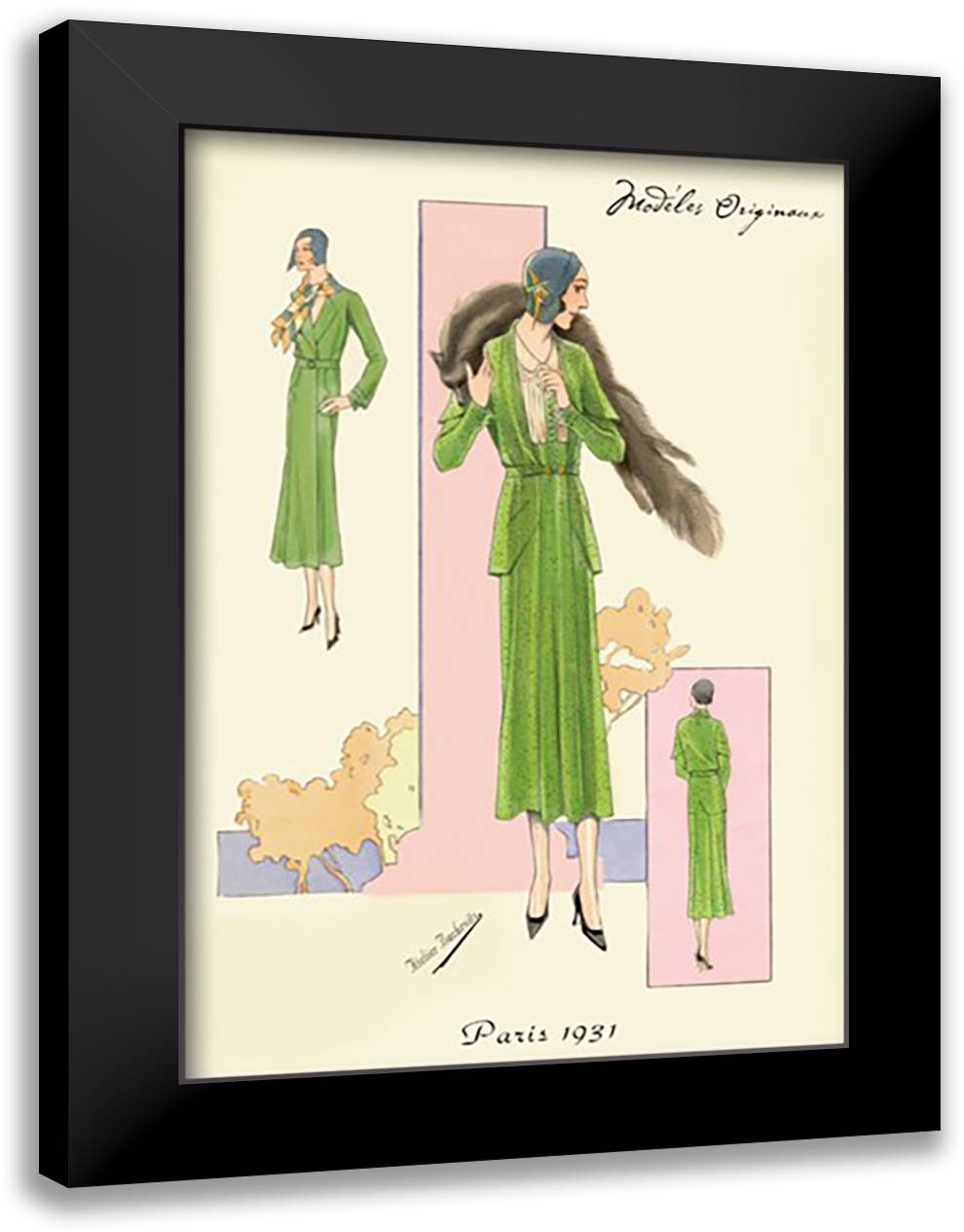 Emerald Suit with Stole 16x22 Black Modern Wood Framed Art Print Poster by Bachrvitz, Atelier