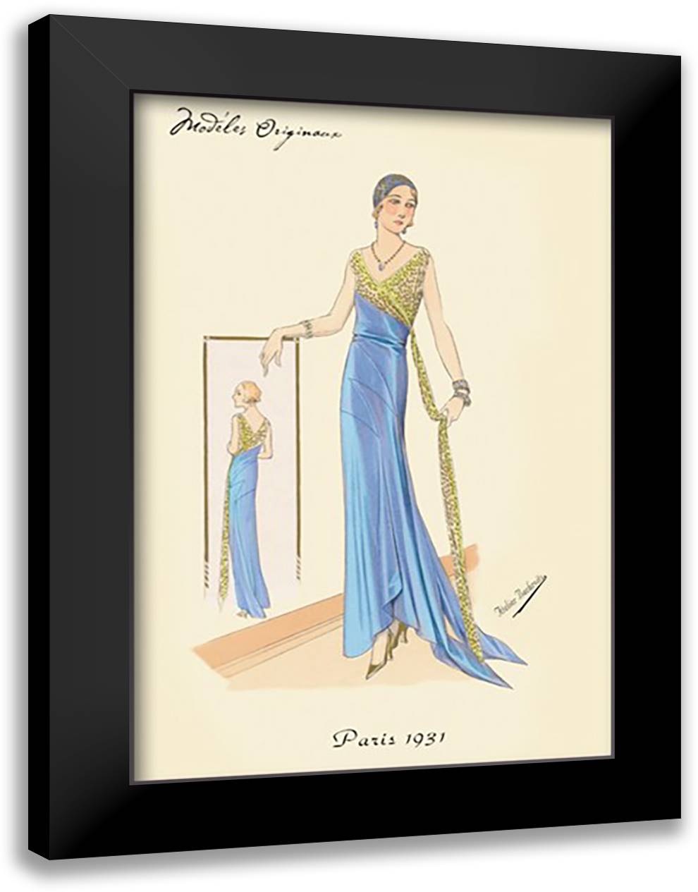 Evening Gown in Blue and Gold 16x22 Black Modern Wood Framed Art Print Poster by Bachrvitz, Atelier