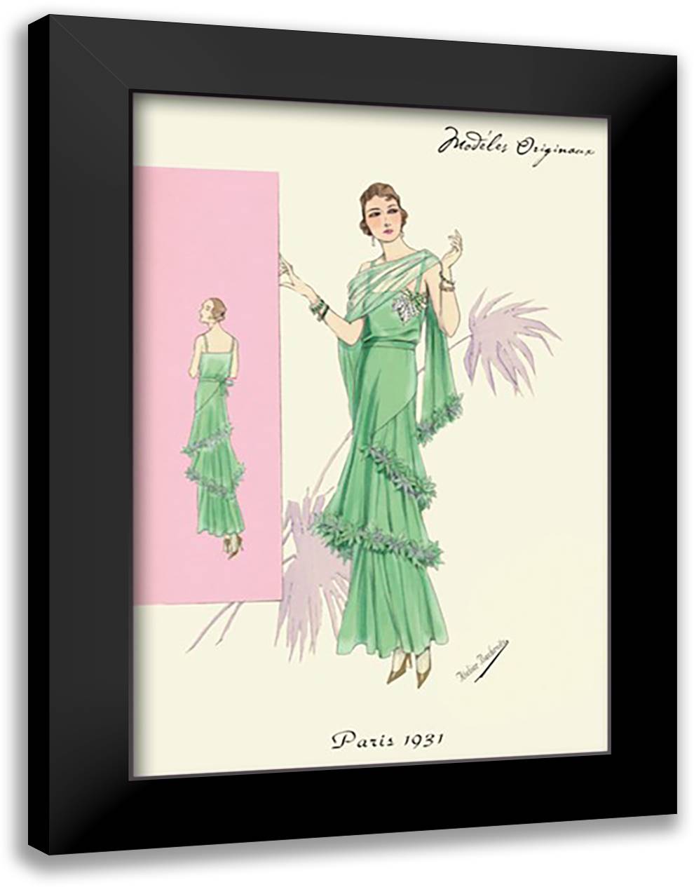 Playful Green Evening Gown 16x22 Black Modern Wood Framed Art Print Poster by Bachrvitz, Atelier