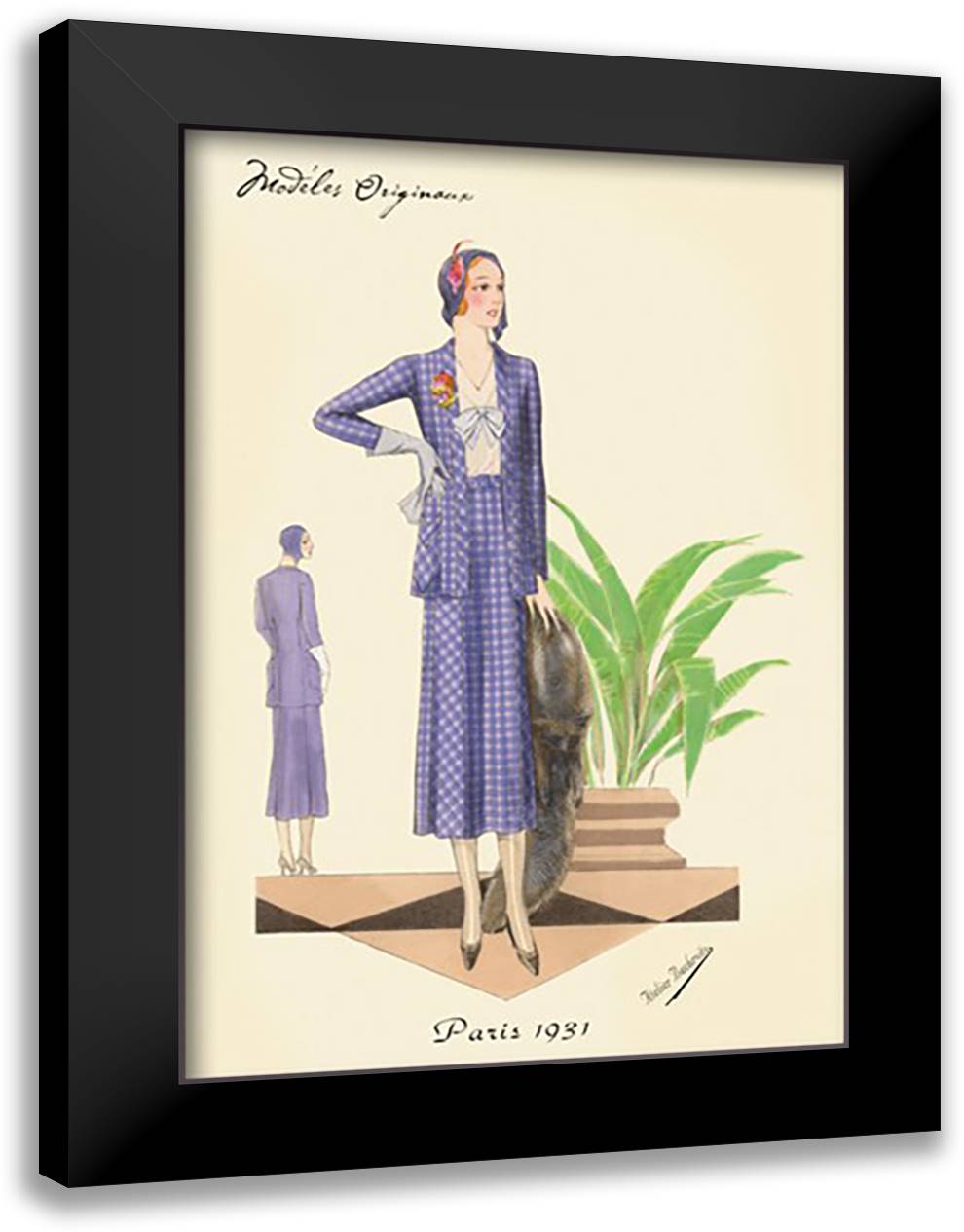Blue Checkered Suit with Stole and Gloves 16x22 Black Modern Wood Framed Art Print Poster by Bachrvitz, Atelier
