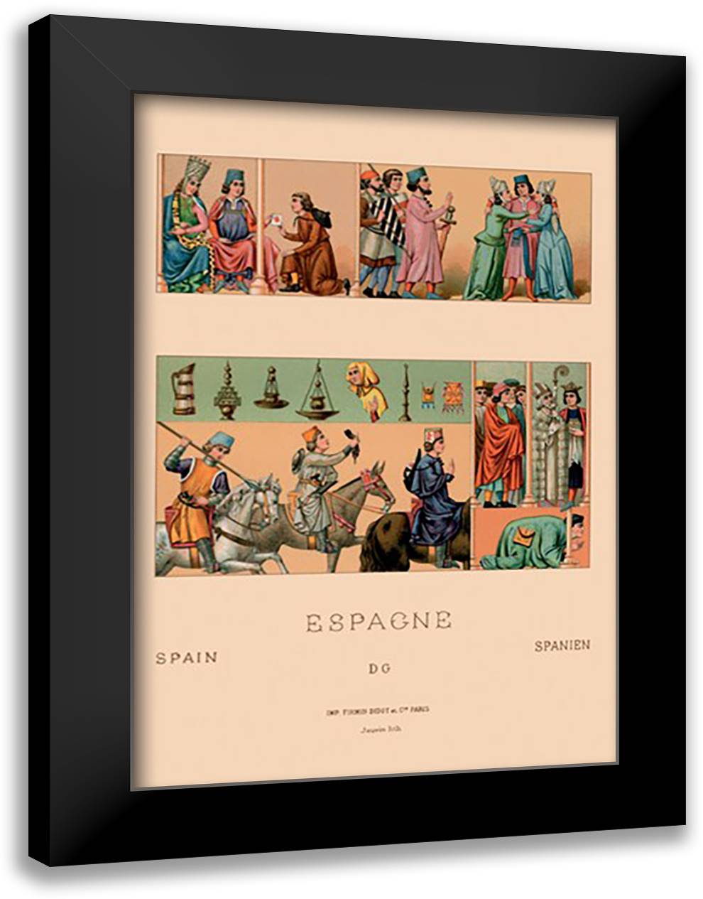 Colorful Garments of Spain 16x22 Black Modern Wood Framed Art Print Poster by Racinet, Auguste