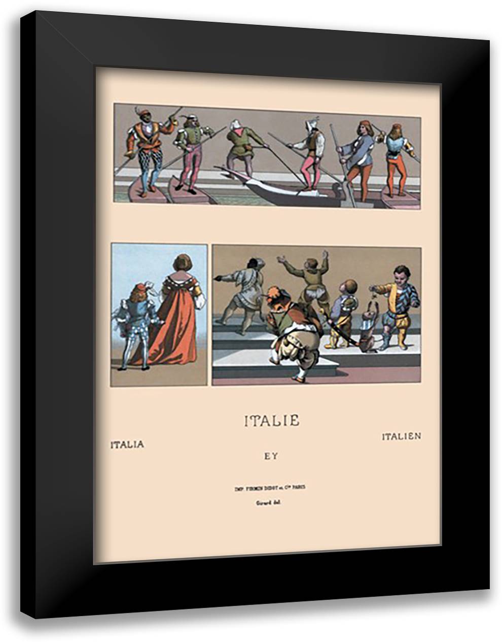 Italy - Venetian Gondoliers, Pages, Dwarves and Court Jesters 16x22 Black Modern Wood Framed Art Print Poster by Racinet, Auguste