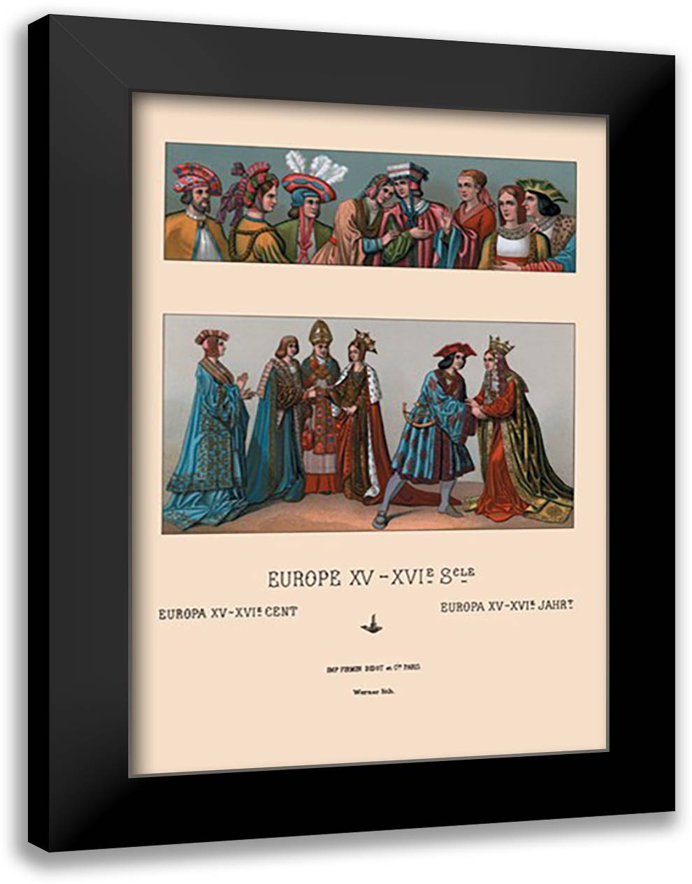 Assortment of Fifteenth Century French Costumes 16x22 Black Modern Wood Framed Art Print Poster by Racinet, Auguste
