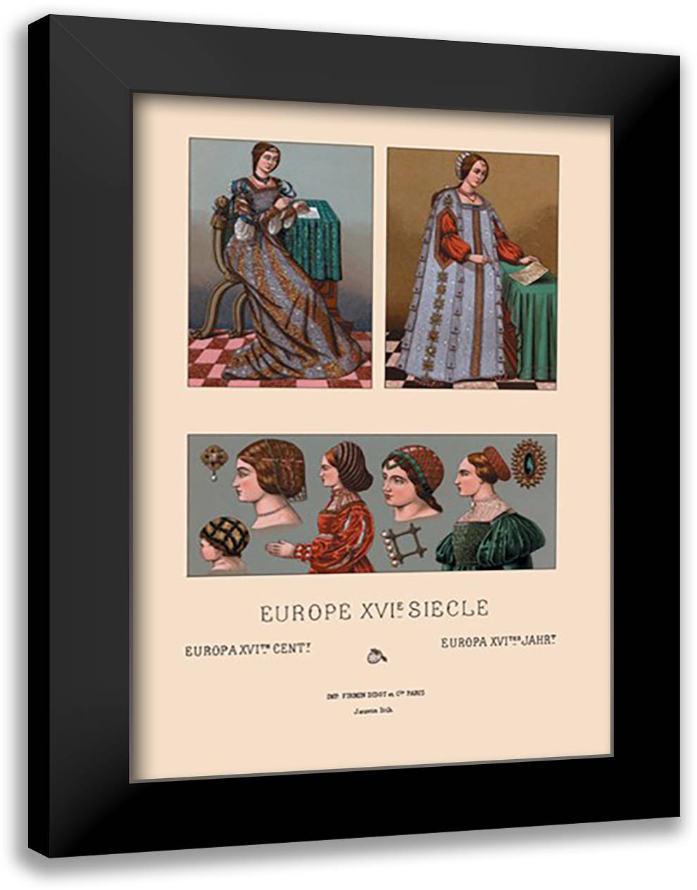 Feminine Dress of Sixteenth Century Europe 16x22 Black Modern Wood Framed Art Print Poster by Racinet, Auguste