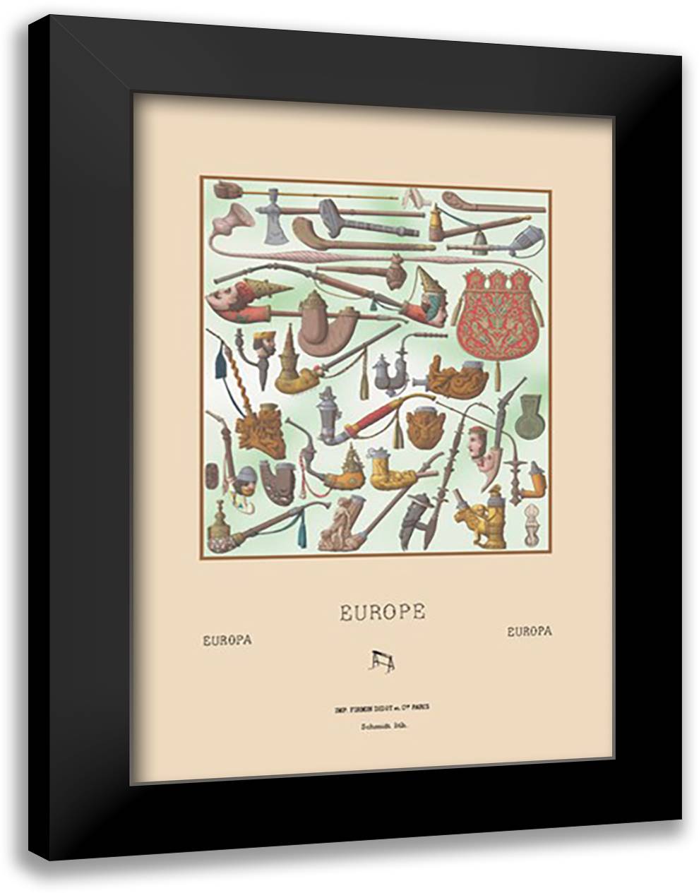 Europe - Pipes, Cases, and Smoking Accessories 16x22 Black Modern Wood Framed Art Print Poster by Racinet, Auguste