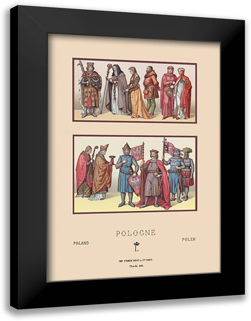 Variety of Polish Costumes, 1200-1399 16x22 Black Modern Wood Framed Art Print Poster by Racinet, Auguste