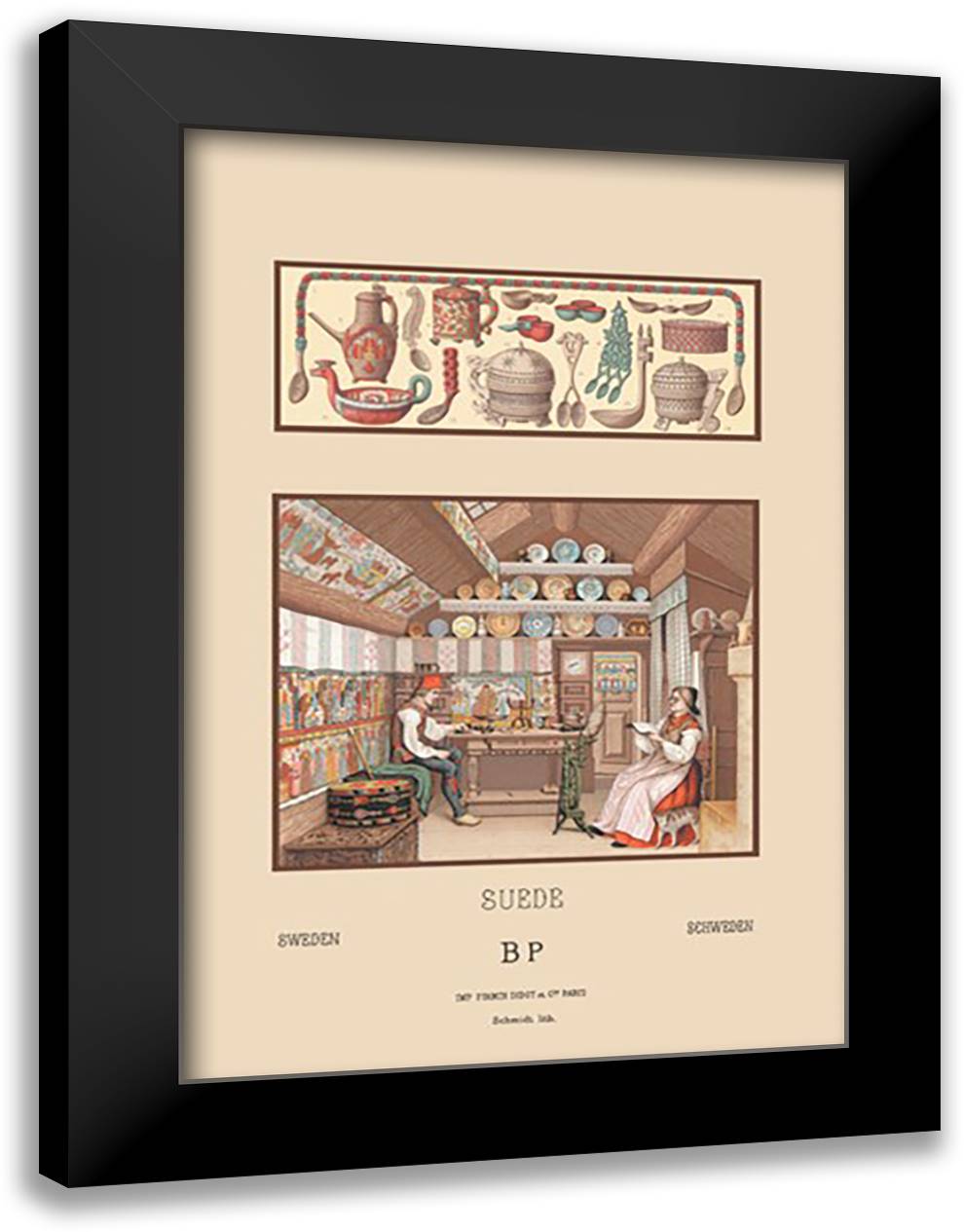 Rustic Swedish Household 16x22 Black Modern Wood Framed Art Print Poster by Racinet, Auguste
