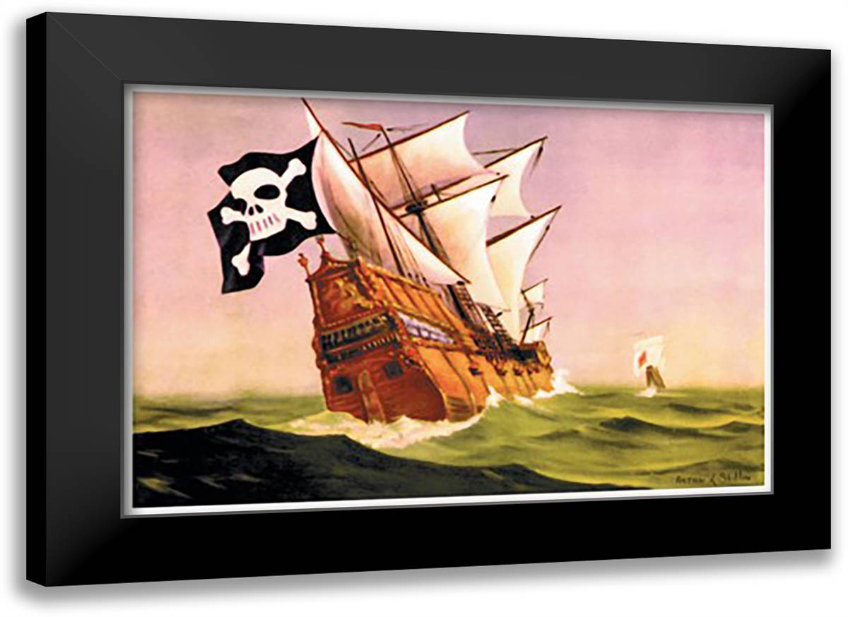Pirate Ship With Sails All Set 22x16 Black Modern Wood Framed Art Print Poster by Skillin, Anton K.
