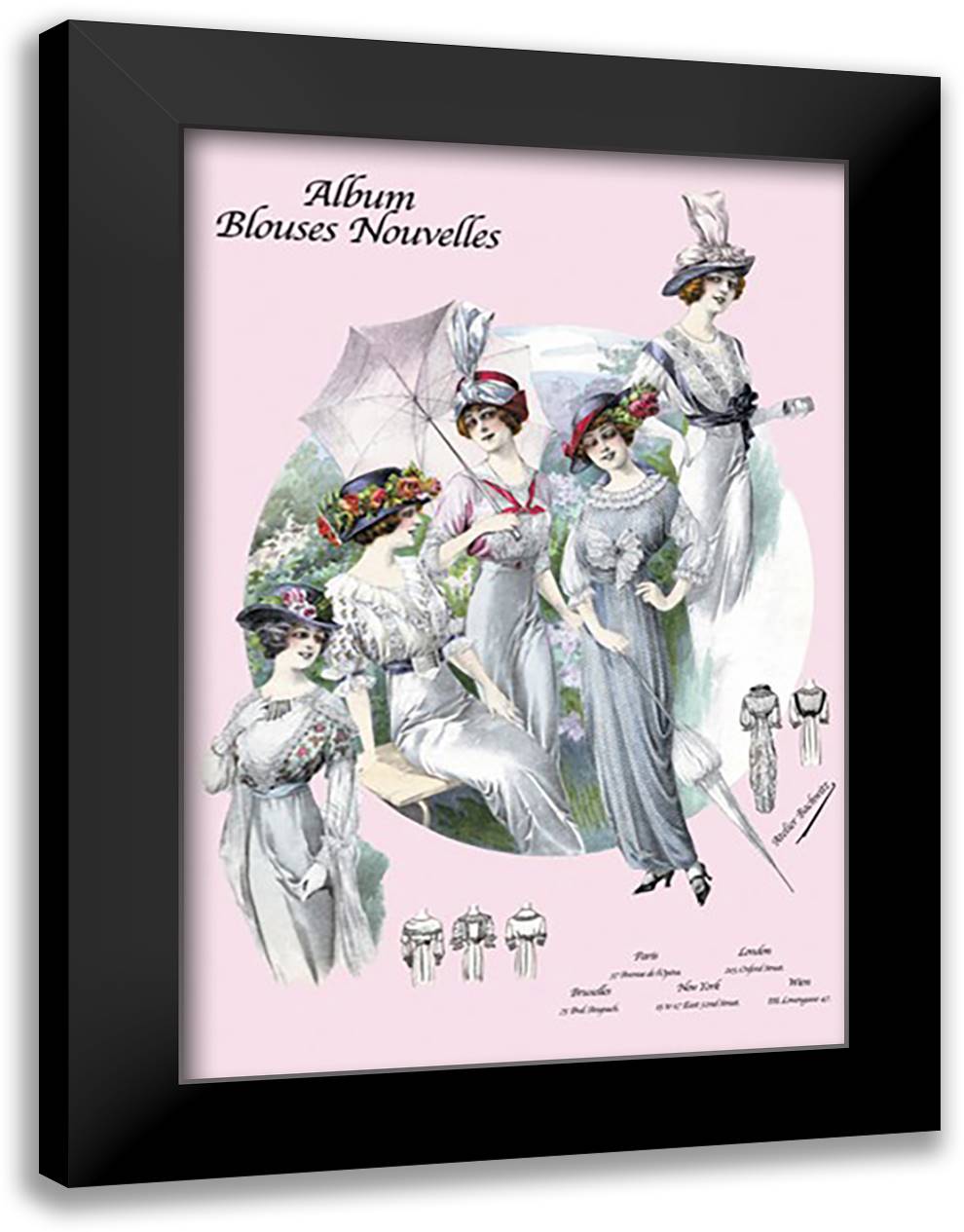 Album Blouses Nouvelles: With Hats and Parasols 16x22 Black Modern Wood Framed Art Print Poster by Bachrvitz, Atelier
