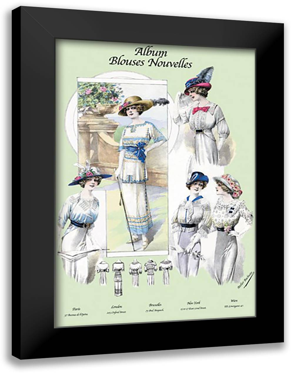 Album Blouses Nouvelles: Ladies in Flowered Hats 16x22 Black Modern Wood Framed Art Print Poster by Bachrvitz, Atelier