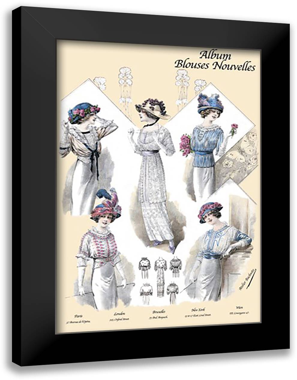 Album Blouses Nouvelles: Five Jaunty Fashions 16x22 Black Modern Wood Framed Art Print Poster by Bachrvitz, Atelier