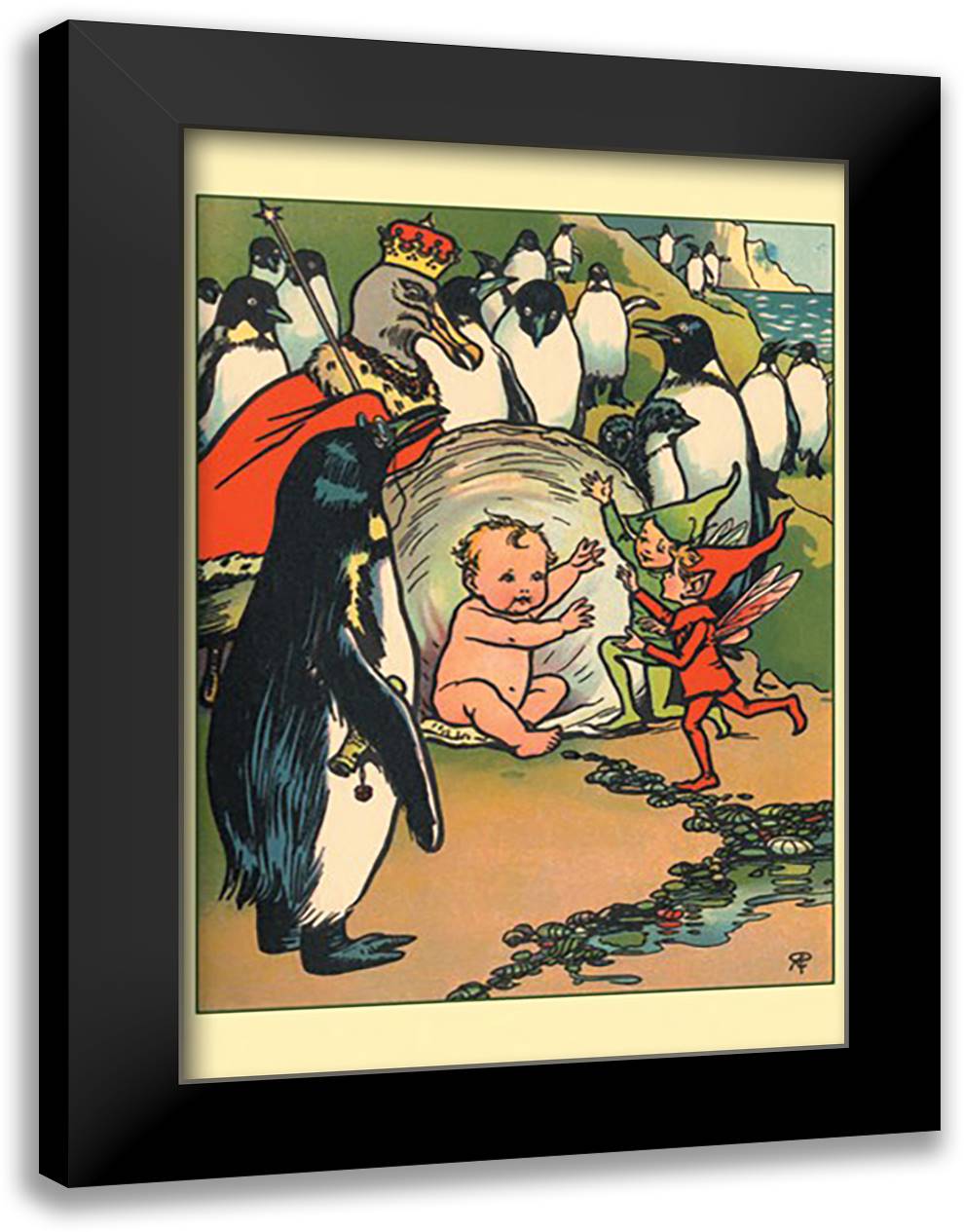 Fairies, Penguins and a Baby 16x22 Black Modern Wood Framed Art Print Poster by Petherick, Rosa C.