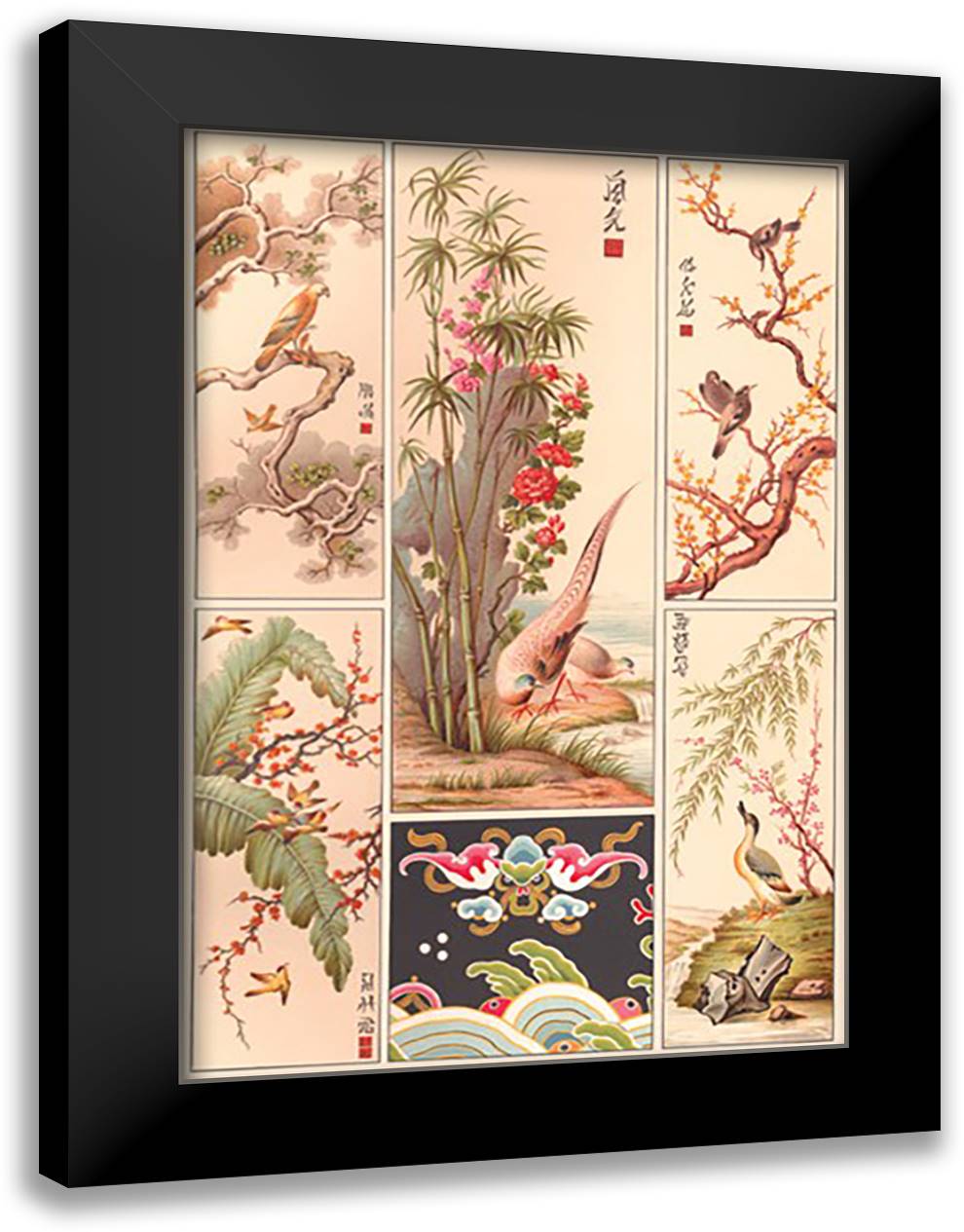 Asian Bird Panels 16x22 Black Modern Wood Framed Art Print Poster by Racinet, Auguste