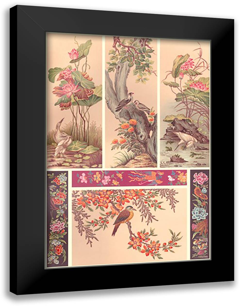 Chinese Bird Panels 16x22 Black Modern Wood Framed Art Print Poster by Racinet, Auguste