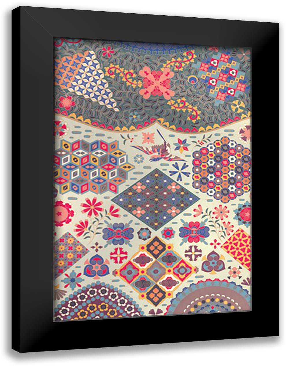 Japanese Patterns #1 16x22 Black Modern Wood Framed Art Print Poster by Racinet, Auguste