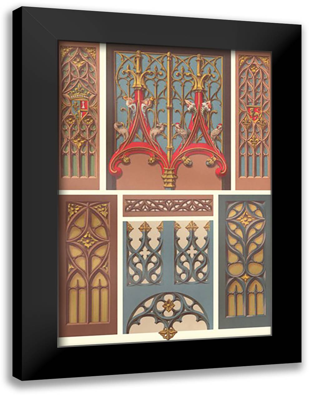 Medieval Window and Door Design 16x22 Black Modern Wood Framed Art Print Poster by Racinet, Auguste