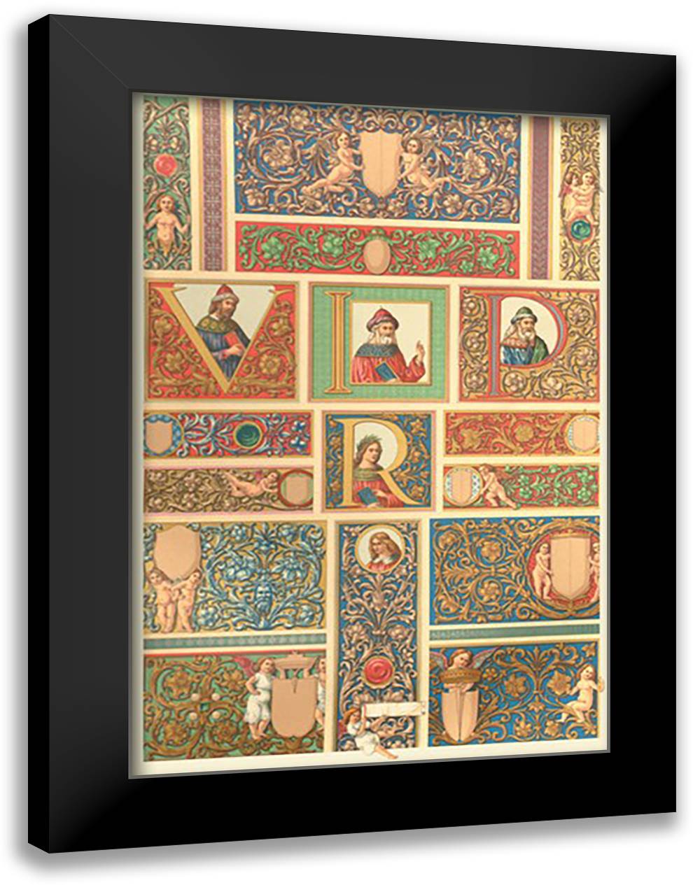 Renaissance Design with Letters 16x22 Black Modern Wood Framed Art Print Poster by Racinet, Auguste