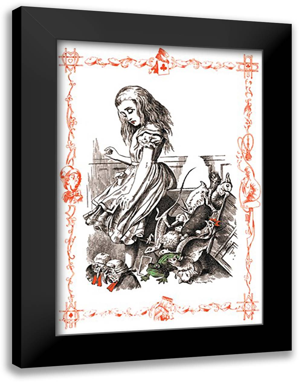 Alice in Wonderland: Alice Tips Over the Jury Box 16x22 Black Modern Wood Framed Art Print Poster by Tenniel, John