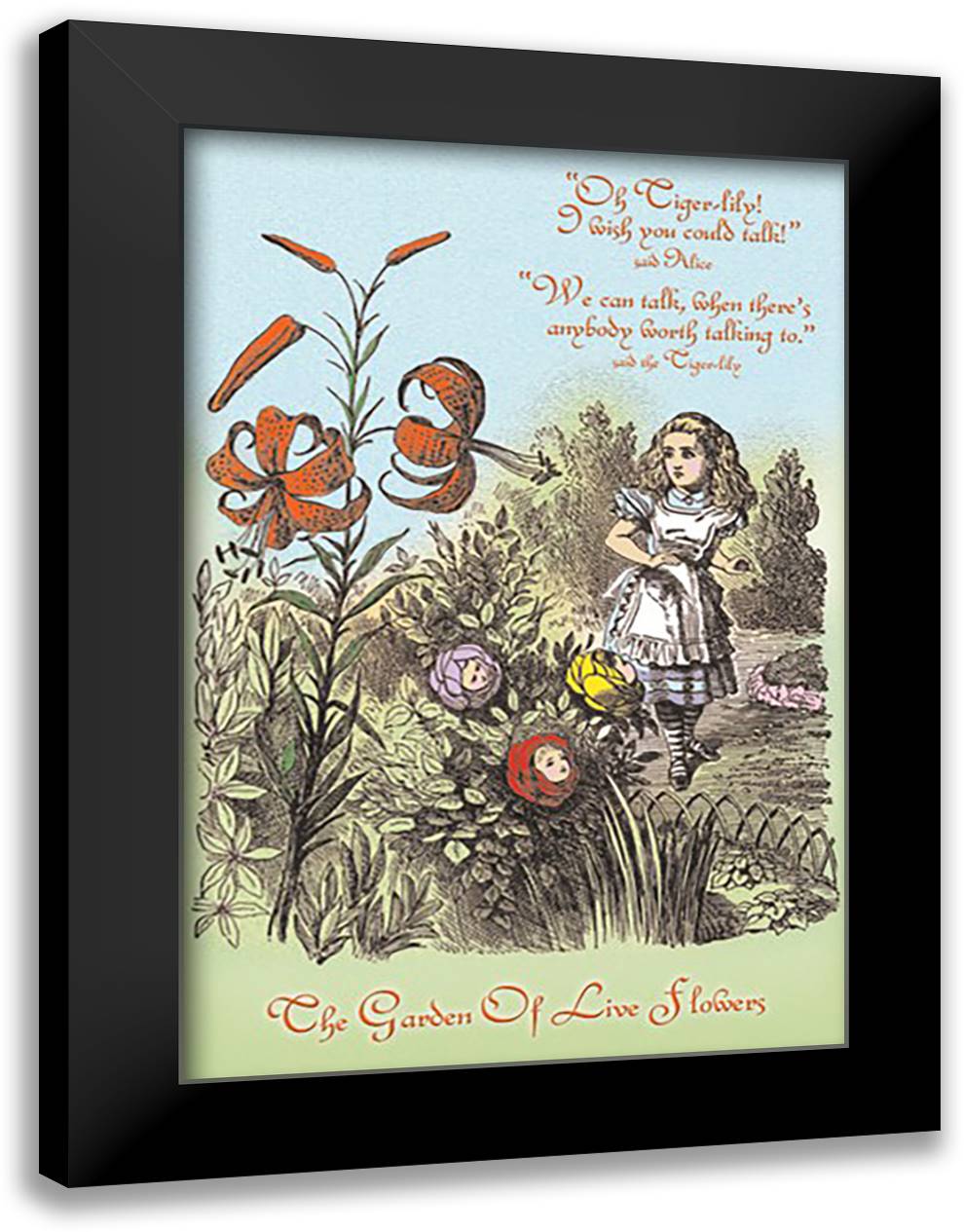 Through the Looking Glass: Garden of Live Flowers 16x22 Black Modern Wood Framed Art Print Poster by Tenniel, John