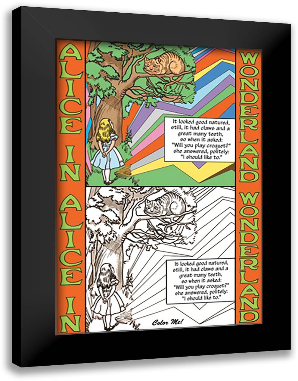 Alice in Wonderland: Alice and the Cheshire Cat - Color Me! 16x22 Black Modern Wood Framed Art Print Poster by Tenniel, John