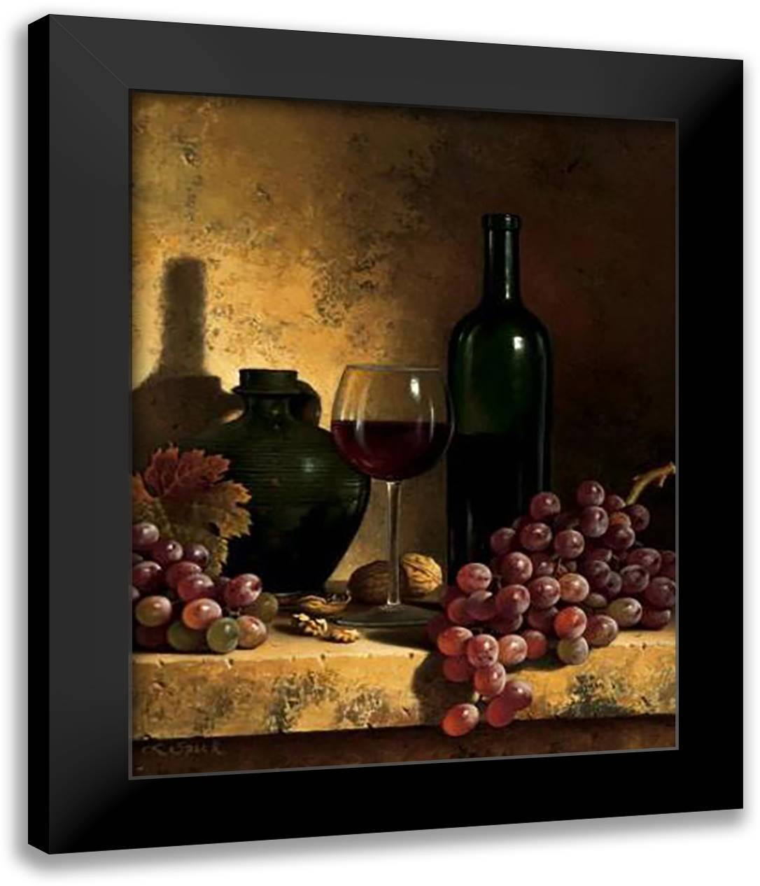 Wine Bottle, Grapes And Walnuts 15x18 Black Modern Wood Framed Art Print Poster by Speck, Loran