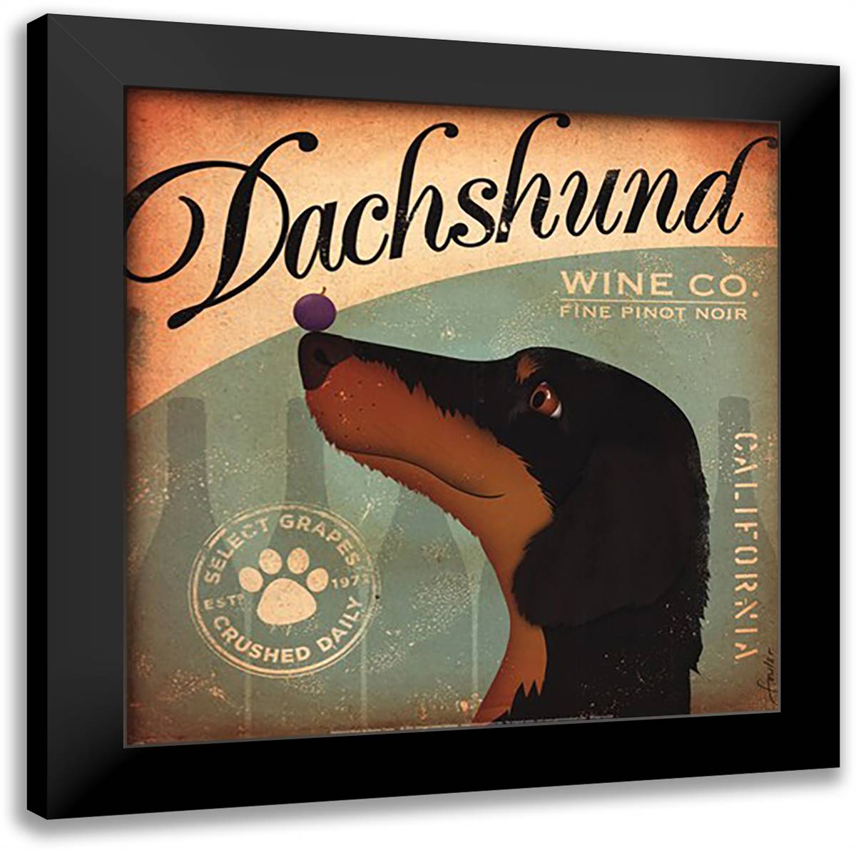 Dachshund Wine 16x16 Black Modern Wood Framed Art Print Poster by Fowler, Stephen