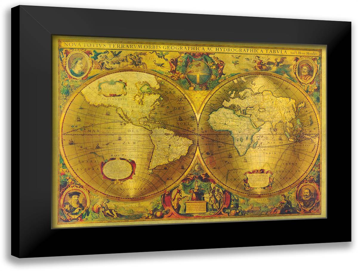 Map of the World-Silver (w/Gold Foil) 32x24 Black Modern Wood Framed Art Print Poster
